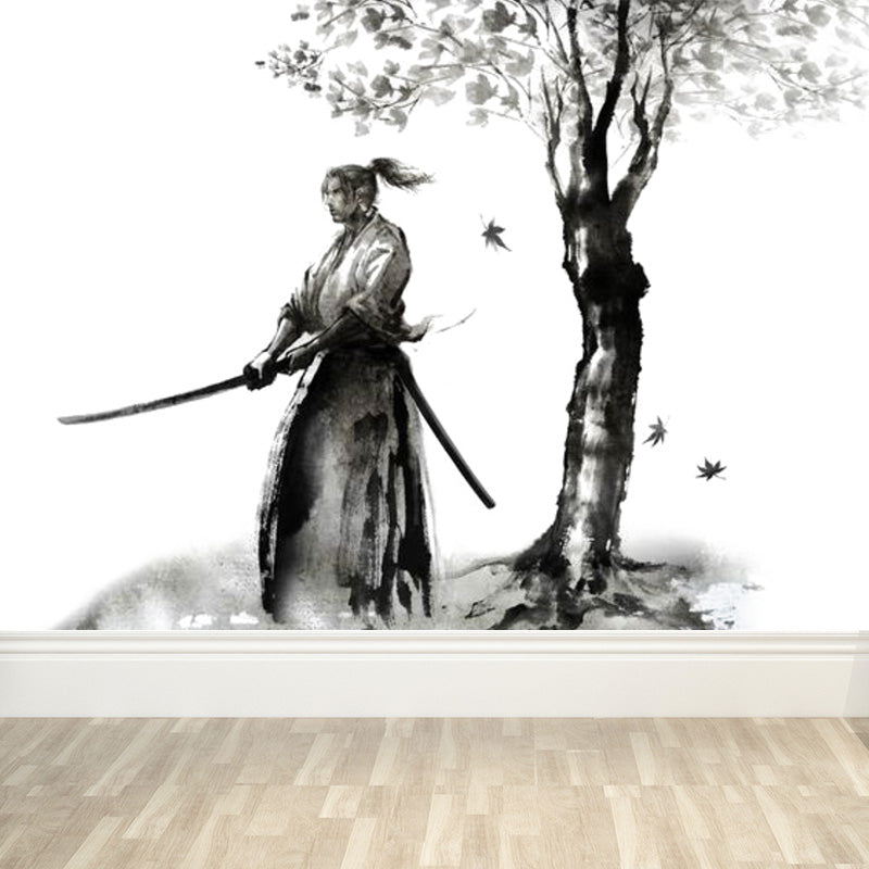 Japanese Martial Samurai Mural Wallpaper Black Stain Resistant Wall Covering for Boys Bedroom