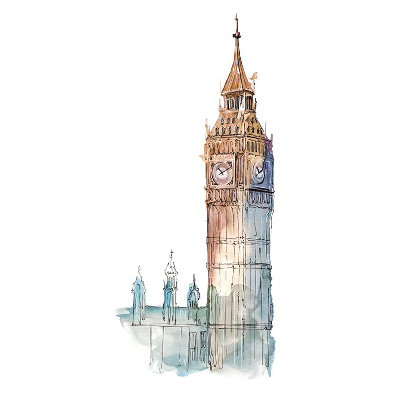 Pastel Watercolor Landmark Wall Mural Architecture Modern Moisture Resistant Wall Decor