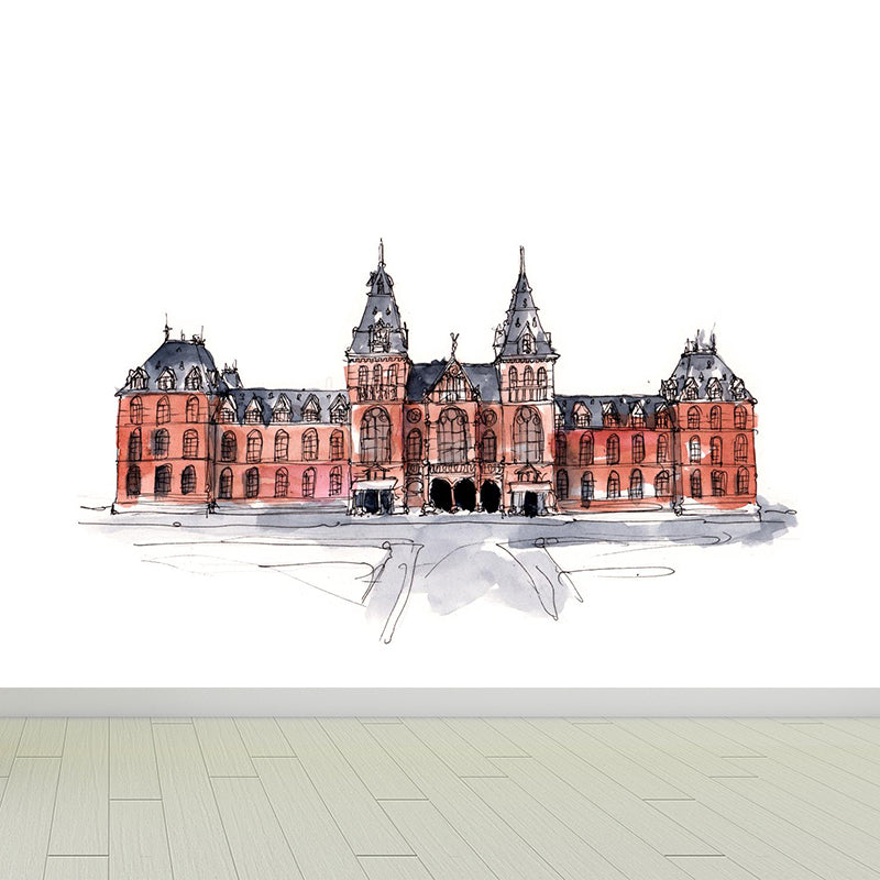 Architecture Landmark Drawing Mural Global Inspired Smooth Wall Art in Soft Color
