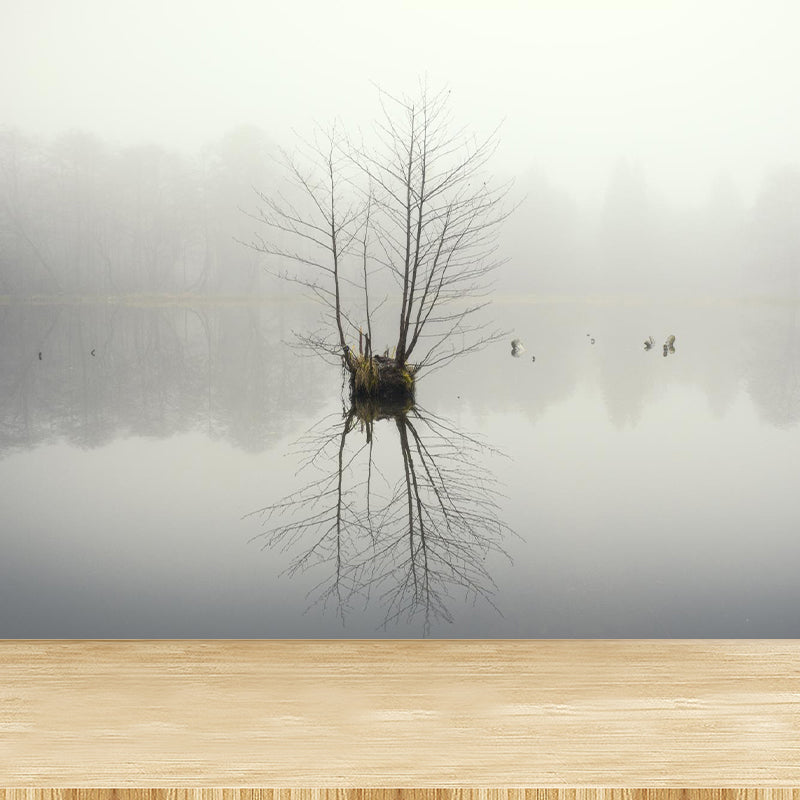 Big Foggy Forest Mural Decal Modern Mysterious Scenery Wall Covering in Pastel Color