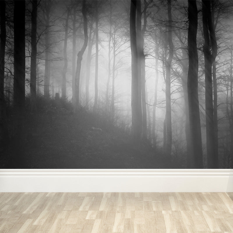 Big Foggy Forest Mural Decal Modern Mysterious Scenery Wall Covering in Pastel Color