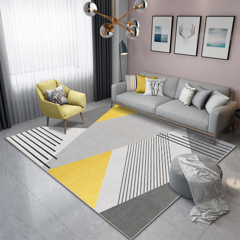 Novelty Bedroom Rug Grey and Yellow Striped Pattern Rug Polyester Washable Non-Slip Pet Friendly Area Rug