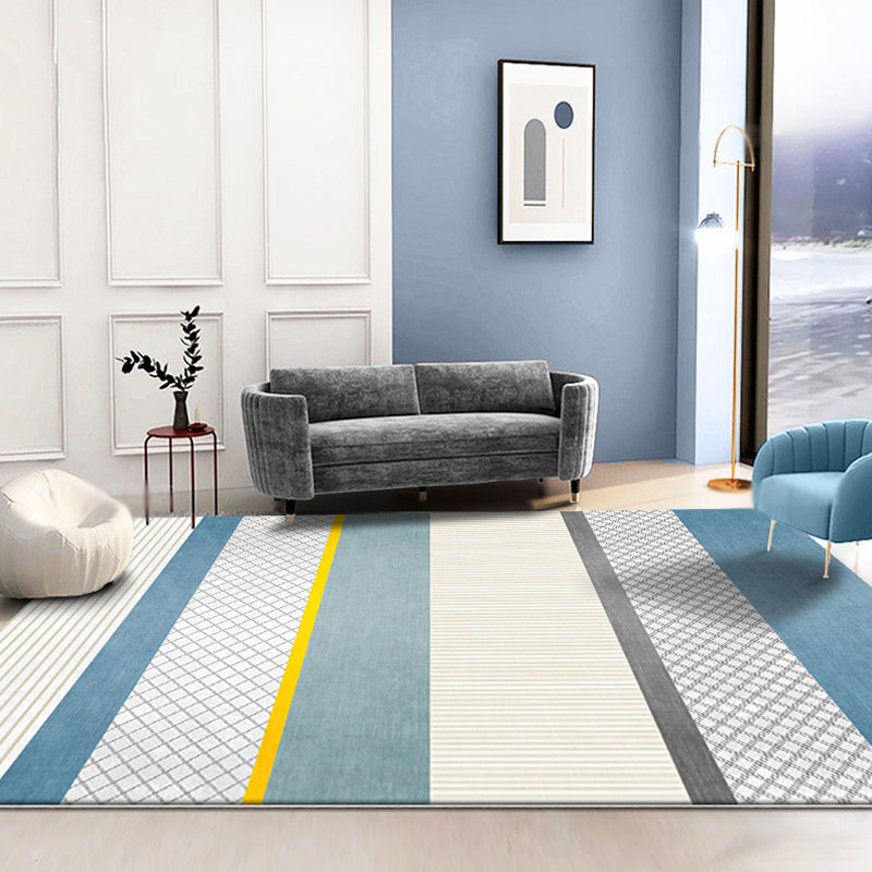 Creative Blue Novelty Rug Polyester Checked and Striped Pattern Carpet Washable Non-Slip Backing Pet Friendly Rug for Parlor