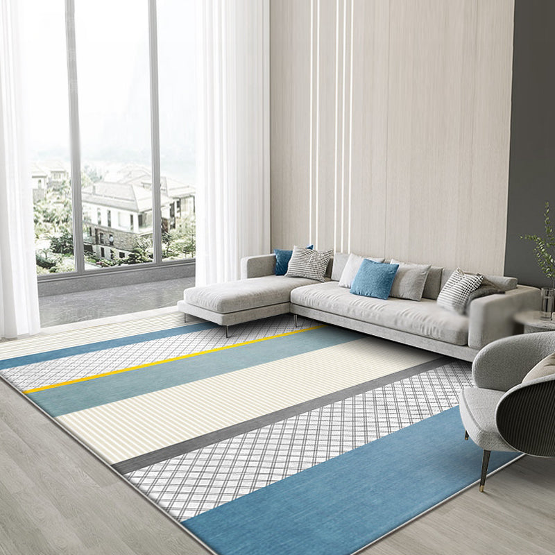 Creative Blue Novelty Rug Polyester Checked and Striped Pattern Carpet Washable Non-Slip Backing Pet Friendly Rug for Parlor