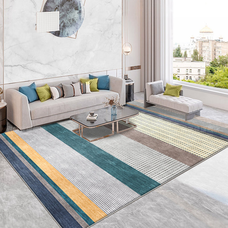 Funky Striped Pattern Rug with Plaid Grey Modern Rug Polyester Washable Non-Slip Pet Friendly Area Carpet for Parlour
