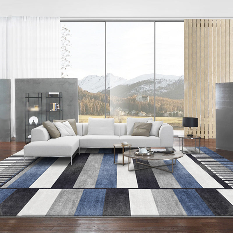 Blue Parlor Rug Modernism Striped Pattern Rug Polyester Machine Washable Non-Slip Backing Carpet