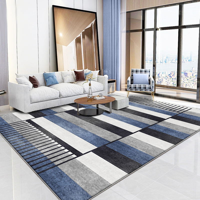 Blue Parlor Rug Modernism Striped Pattern Rug Polyester Machine Washable Non-Slip Backing Carpet
