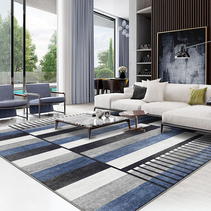 Blue Parlor Rug Modernism Striped Pattern Rug Polyester Machine Washable Non-Slip Backing Carpet