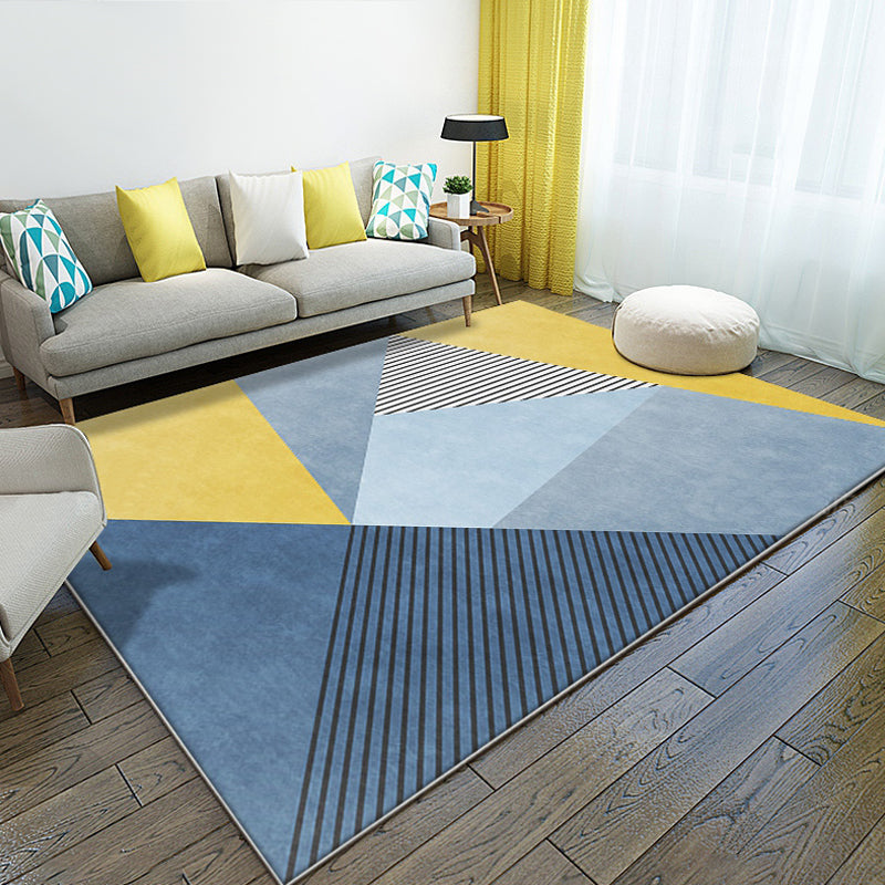 Novelty Striped Pattern Rug Blue and Yellow Polyester Carpet Washable Non-Slip Backing Pet Friendly Rug for Bedroom