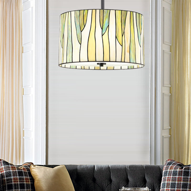 Tiffany Style Drum Down Lighting 1 Light Handcrafted Art Glass Suspension Lamp in Yellow for Living Room