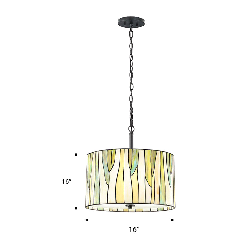 Tiffany Style Drum Down Lighting 1 Light Handcrafted Art Glass Suspension Lamp in Yellow for Living Room