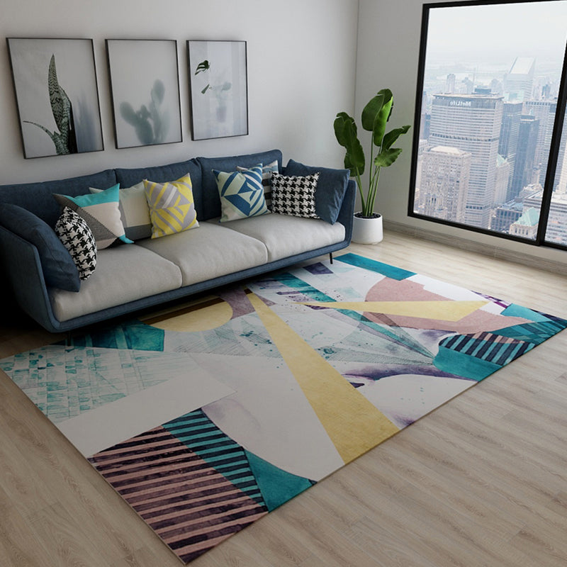 Contemporary House Interior Rug Multi-Colored Geometrical Shapes Carpet Synthetics Anti-Slip Easy Care Rug