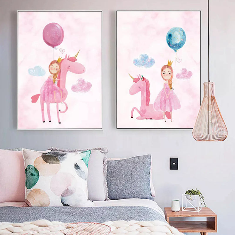 Cartoon Girls Canvas Wall Art with Unicorn Drawing Pastel Color Wall Decor for Bedroom