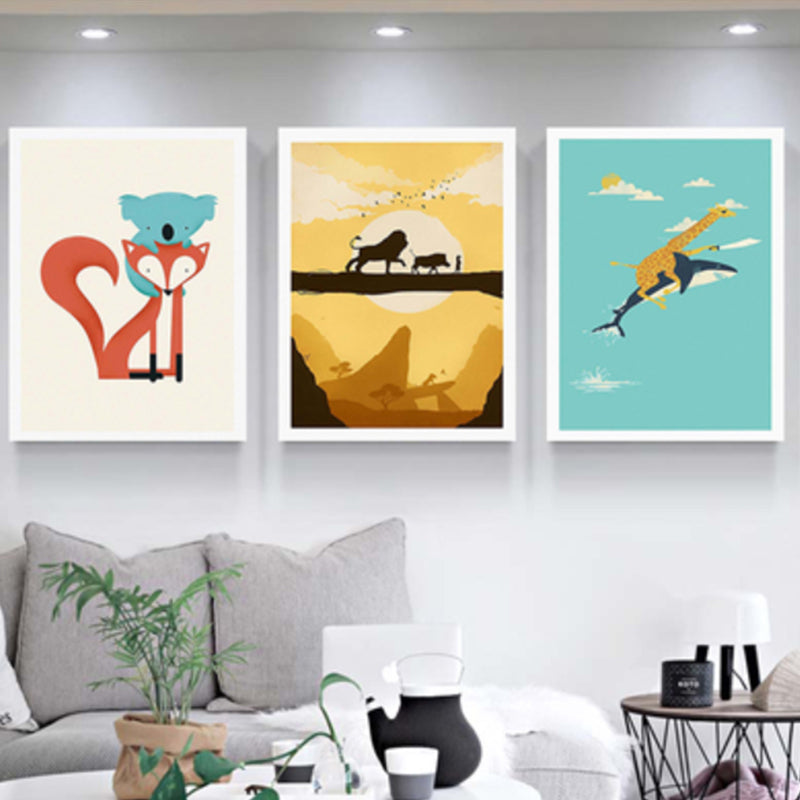 Illustrated Animal Land Canvas Wall Art Cartoon Textured Baby Room Wall Decor (Set of 3)