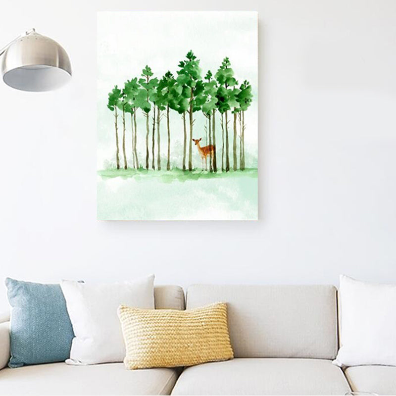 Deer Under the Trees Art Print Dining Room Animal Canvas in Green for Decoration
