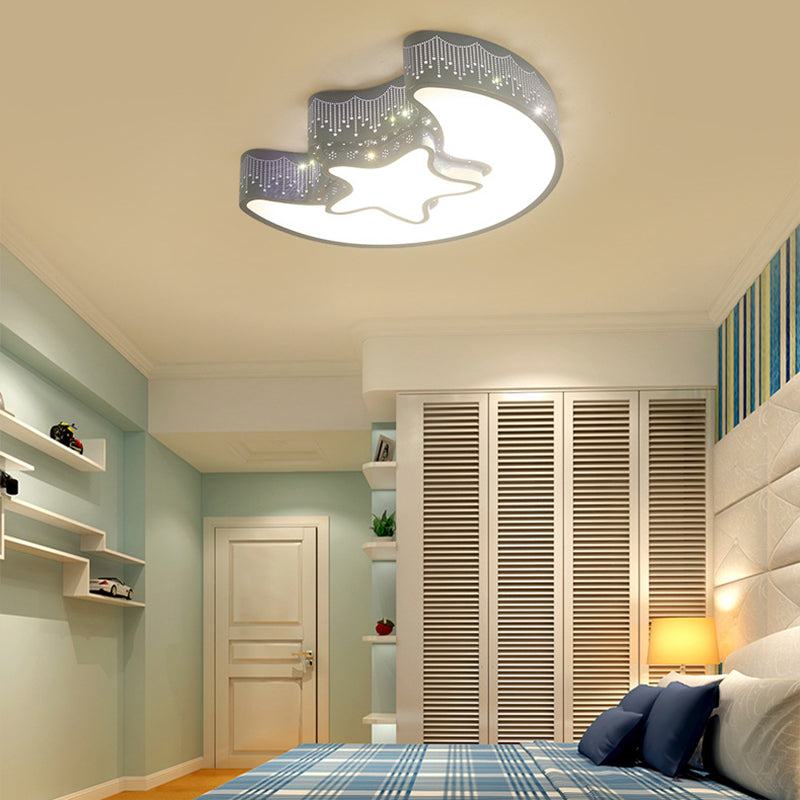Metal Hollow Star Moon Ceiling Lamp Boys Girls Room Cartoon Eye-Caring LED Flush Mount Light
