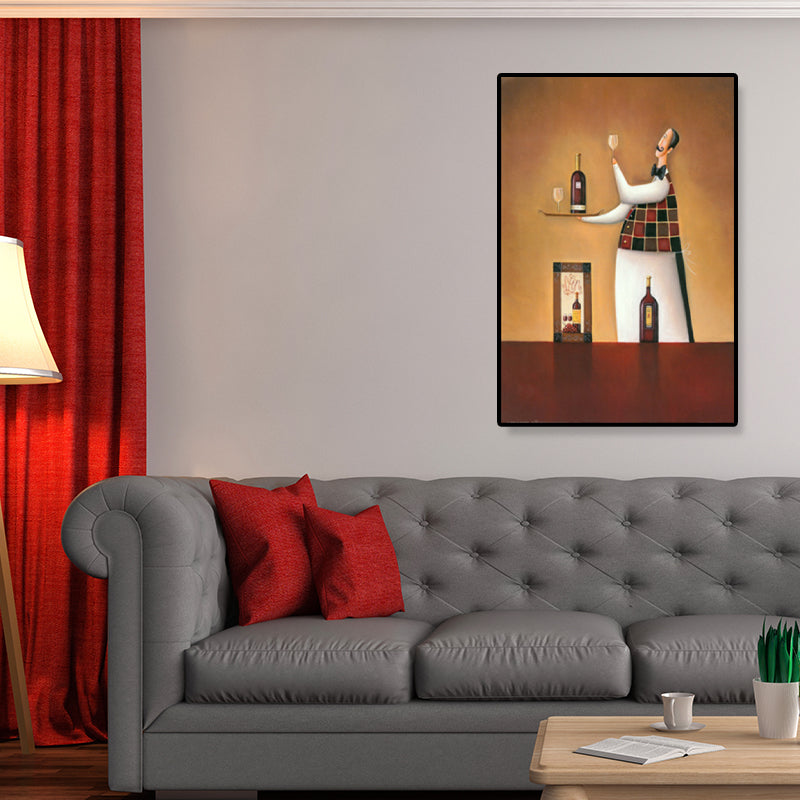 Modern Illustrated Servant Canvas Art Dark Color Textured Wall Decor for Dining Room