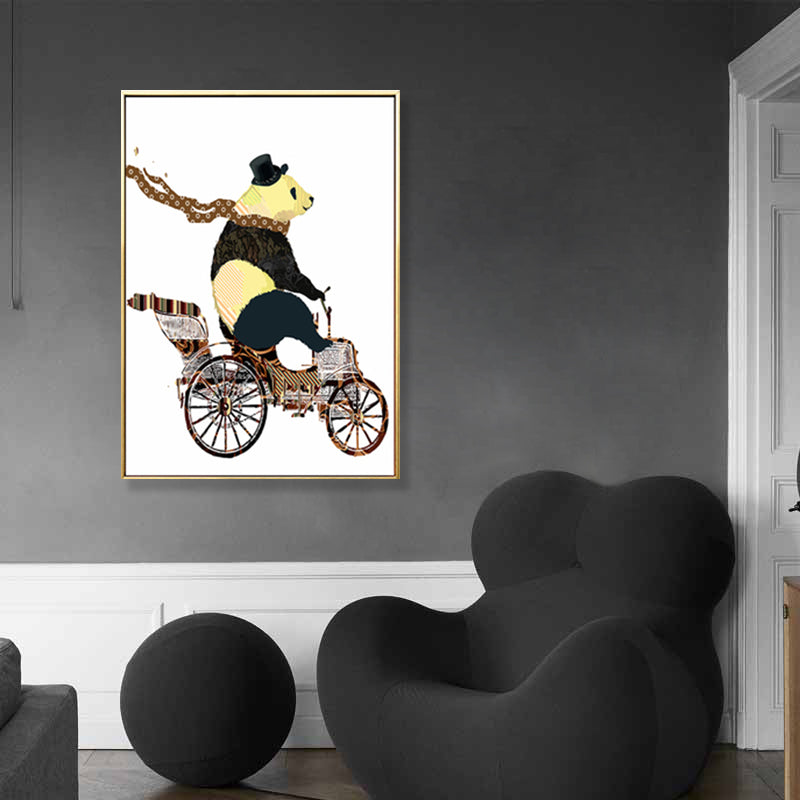 Illustrated Panda Riding Wall Art Kids Cool Animal Canvas in Dark Color for Bedroom