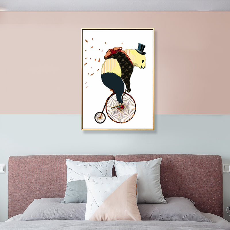 Illustrated Panda Riding Wall Art Kids Cool Animal Canvas in Dark Color for Bedroom