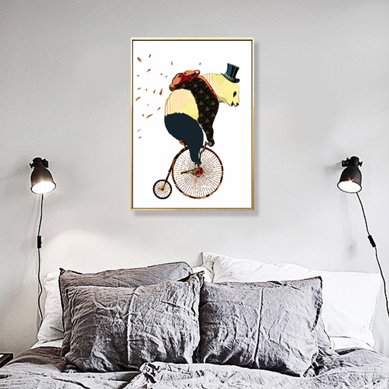 Illustrated Panda Riding Wall Art Kids Cool Animal Canvas in Dark Color for Bedroom