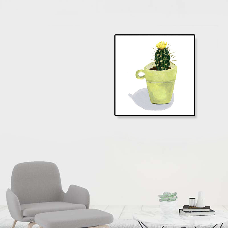 Nordic Illustration Bonsai Cactus Canvas Yellow Textured Wall Art Print for Child Room