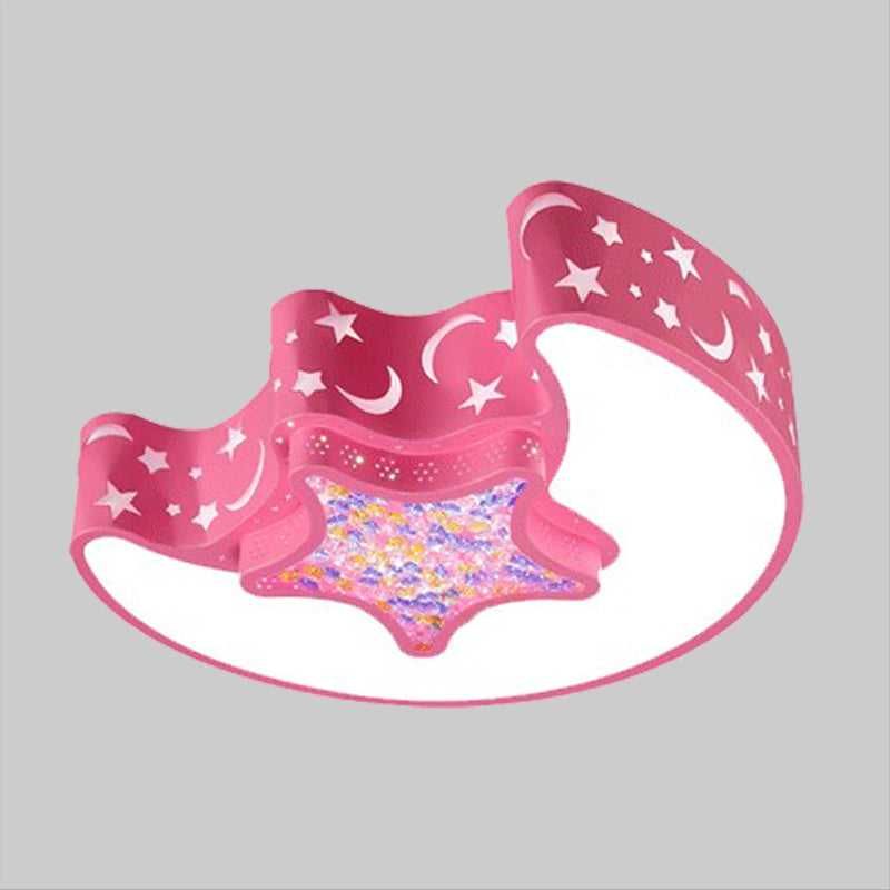 LED Nursery Flush Mount Fixture Simple White/Pink/Blue Ceiling Flush with Star and Moon Acrylic Shade in Warm/White Light