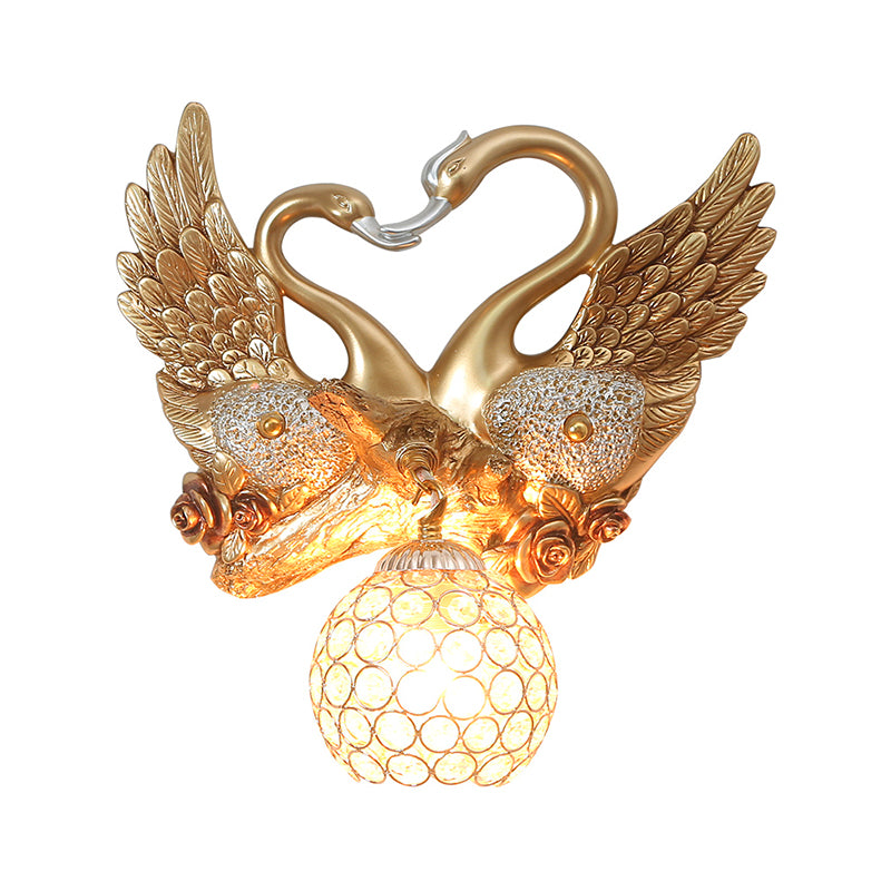 Swan Bedroom Wall Sconce Modern Metal 1 Light Gold Wall Lighting with Globe Crystal Shade