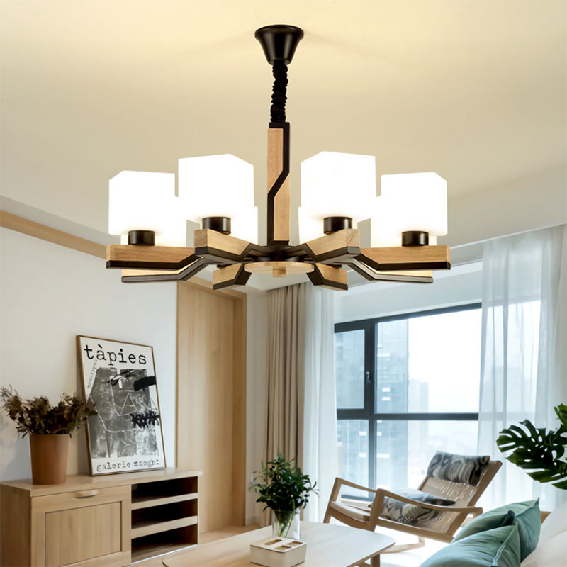 Lampada sospesa in stile cubo in stile nordico 3/5 teste lampadario a soffitto in legno per soggiorno