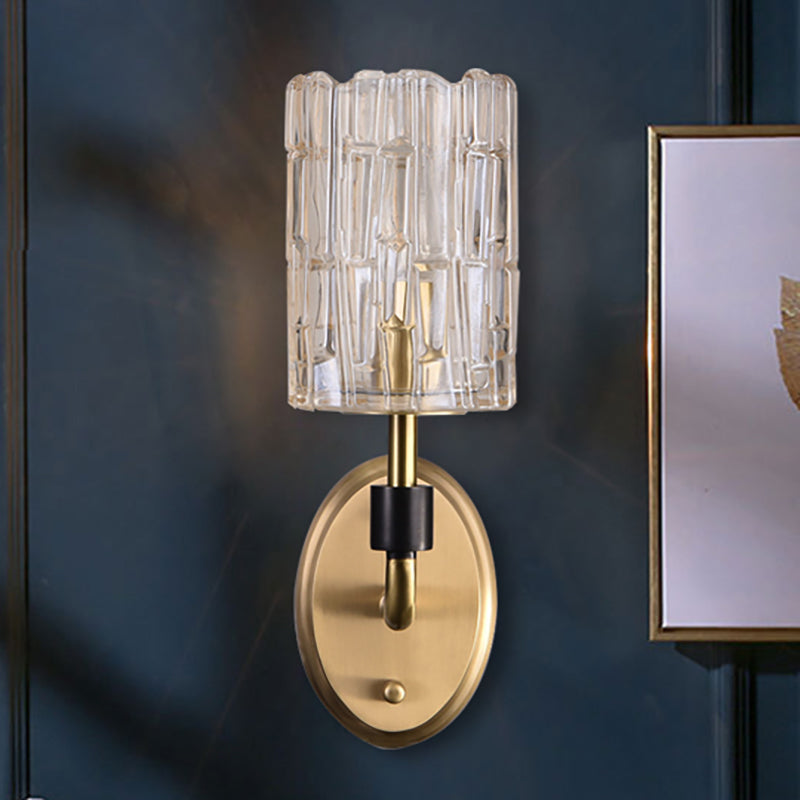1/2-Head Bedside Wall Sconce Contemporary Style Brass Wall Lighting with Cylinder Clear Crystal Shade