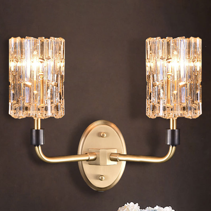 1/2-Head Bedside Wall Sconce Contemporary Style Brass Wall Lighting with Cylinder Clear Crystal Shade