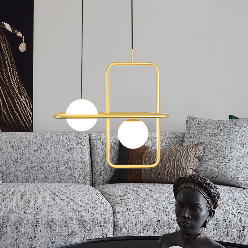 White Glass Globe Pendant Lamp with Rectangular Design Post Modernist 1/2 Lights Gold Led Hanging Light Fixture