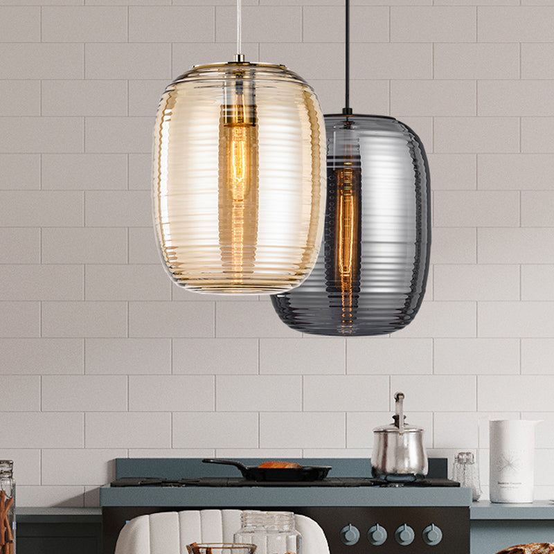 Amber/Smoke Cylinder Pendant Light Post-Modern 1 Light Ribbed Glass Hanging Light Fixture for Bedroom