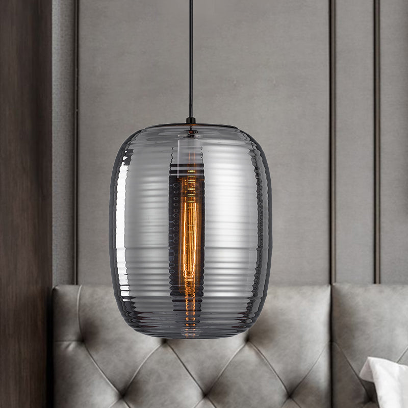 Amber/Smoke Cylinder Pendant Light Post-Modern 1 Light Ribbed Glass Hanging Light Fixture for Bedroom