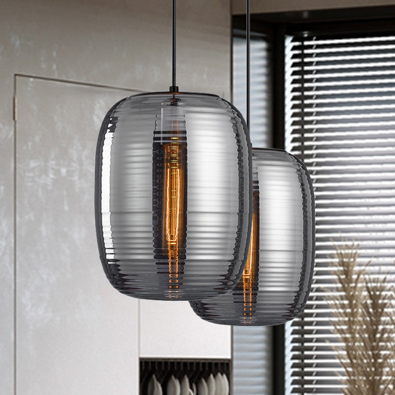 Amber/Smoke Cylinder Pendant Light Post-Modern 1 Light Ribbed Glass Hanging Light Fixture for Bedroom