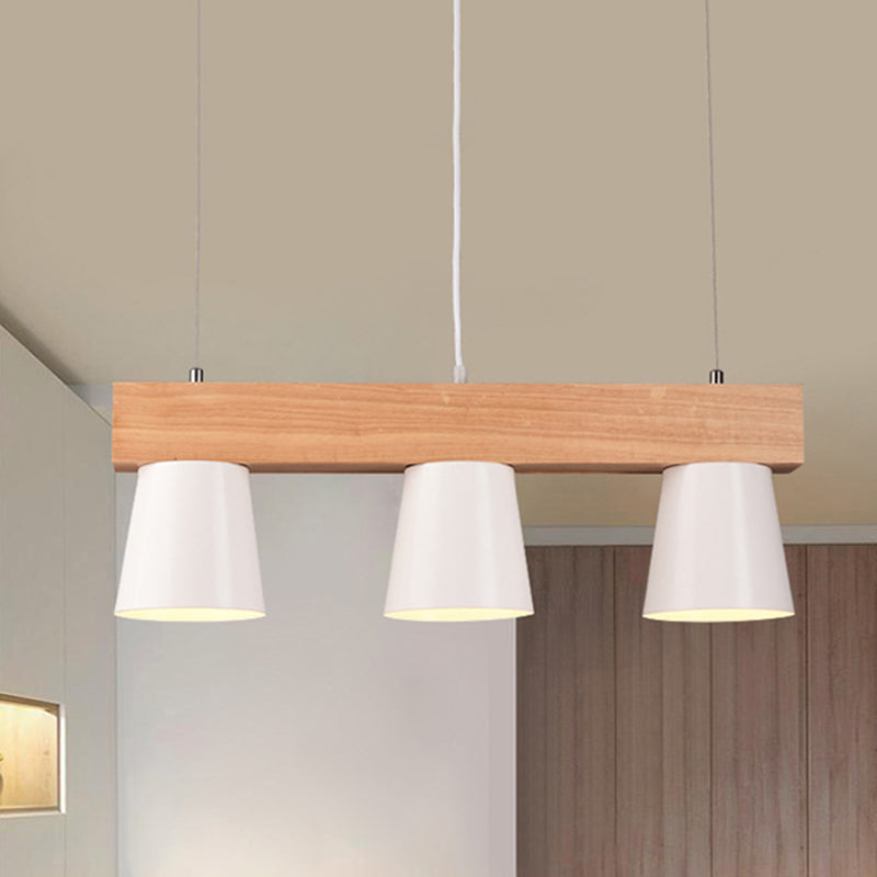 Conical Frustum Island Pendant Light Nordic Metal 3-Head Dining Table Suspension Lamp in White with Wood Beam