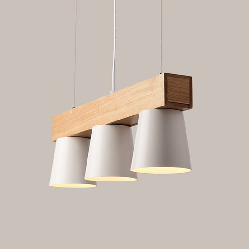 Conico fustum isola a sospensione luce nordica in metallo a 3 teste lampada a sospensione in bianco con raggio di legno