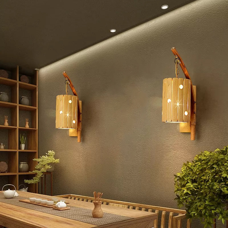 Wood Cylinder/House/Teapot Wall Lamp Tradition Bamboo 1 Bulb Sconce Light Fixture with Curved/Halfcylinder Arm
