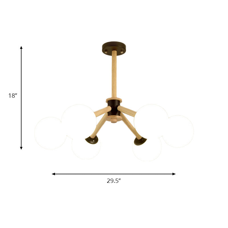 White Glass Grape Ceiling Chandelier 6 Lights Modern Suspended Light with Wood Branch