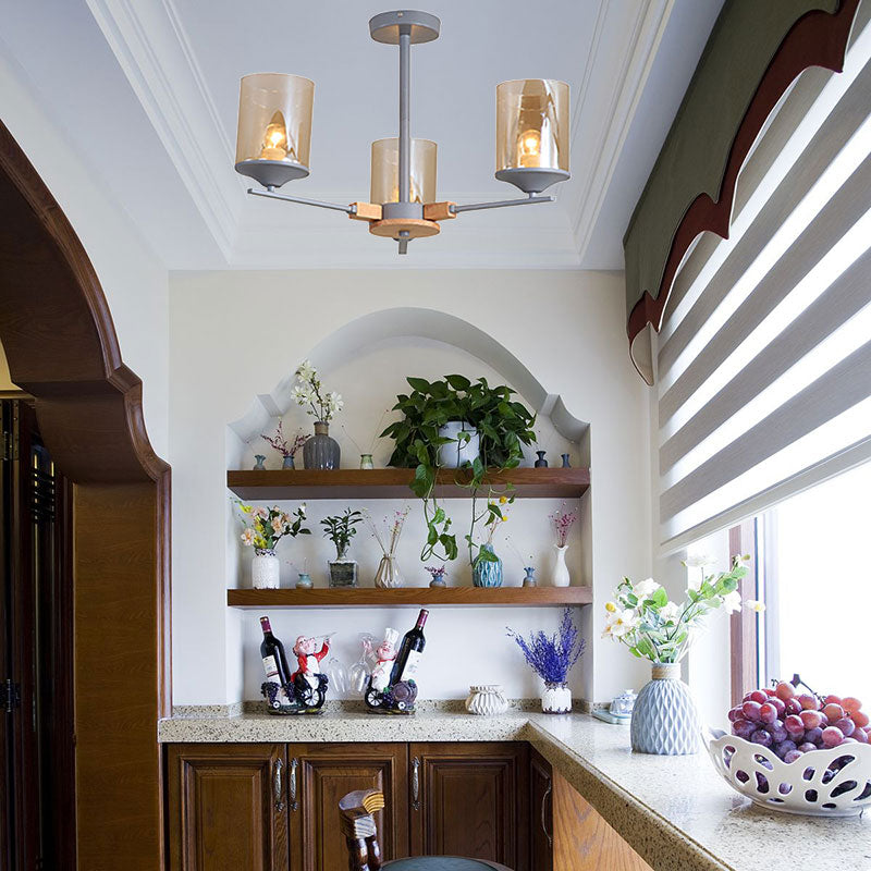 Cognac Cylinder Shade Chandelier Lighting 3/6 Heads Contemporary Wood Hanging Light for Living Room