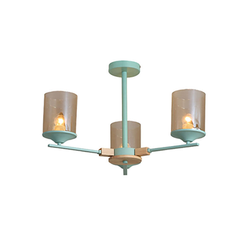 Cognac Cylinder Shade Chandelier Lighting 3/6 Heads Contemporary Wood Hanging Light for Living Room