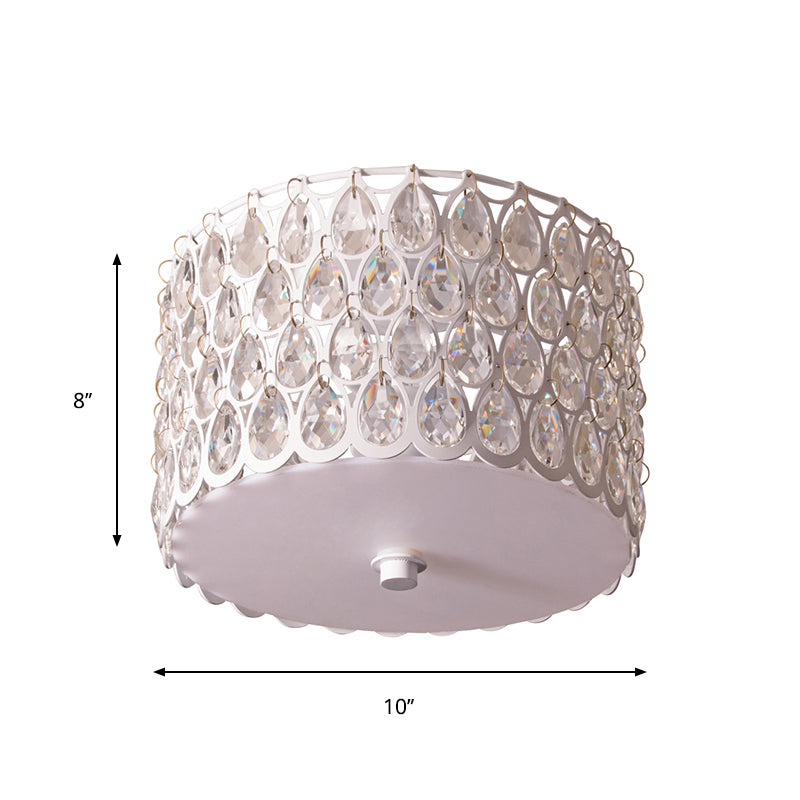 Crystal Round Flush Lamp Simplicity 2 Lights White Ceiling Flush Mount Light with Iron Mesh