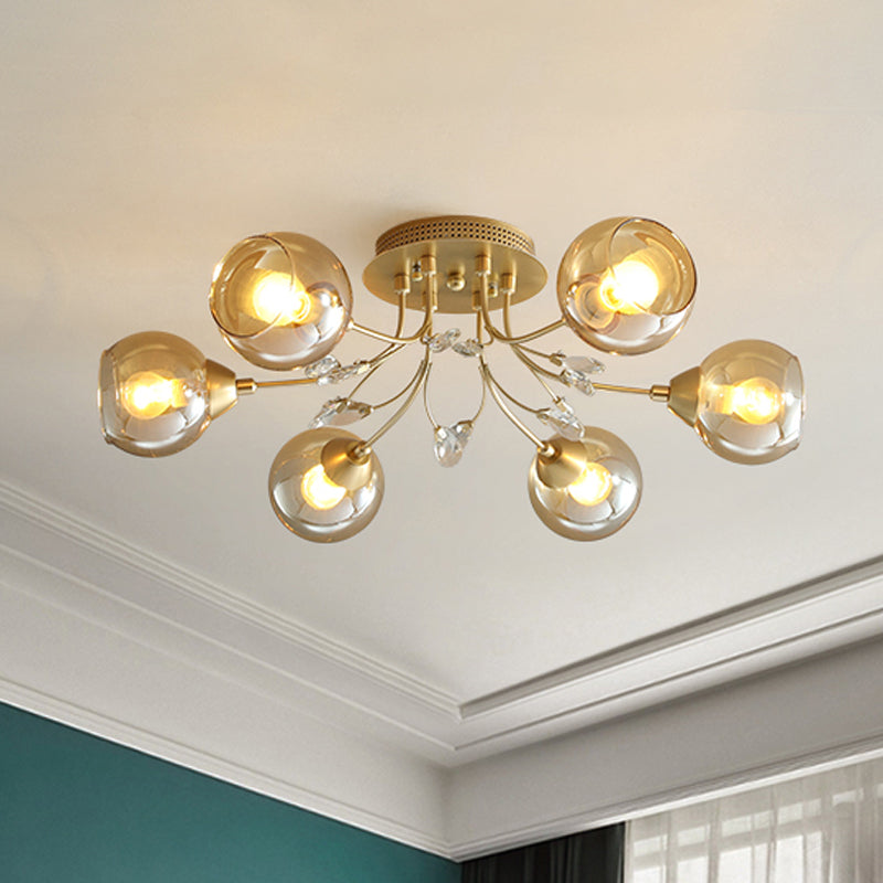 Amber Glass Ball Semi plafondspoeling Licht traditioneel 6/9-licht woonkamer spoeling licht armatuur met kristal accent
