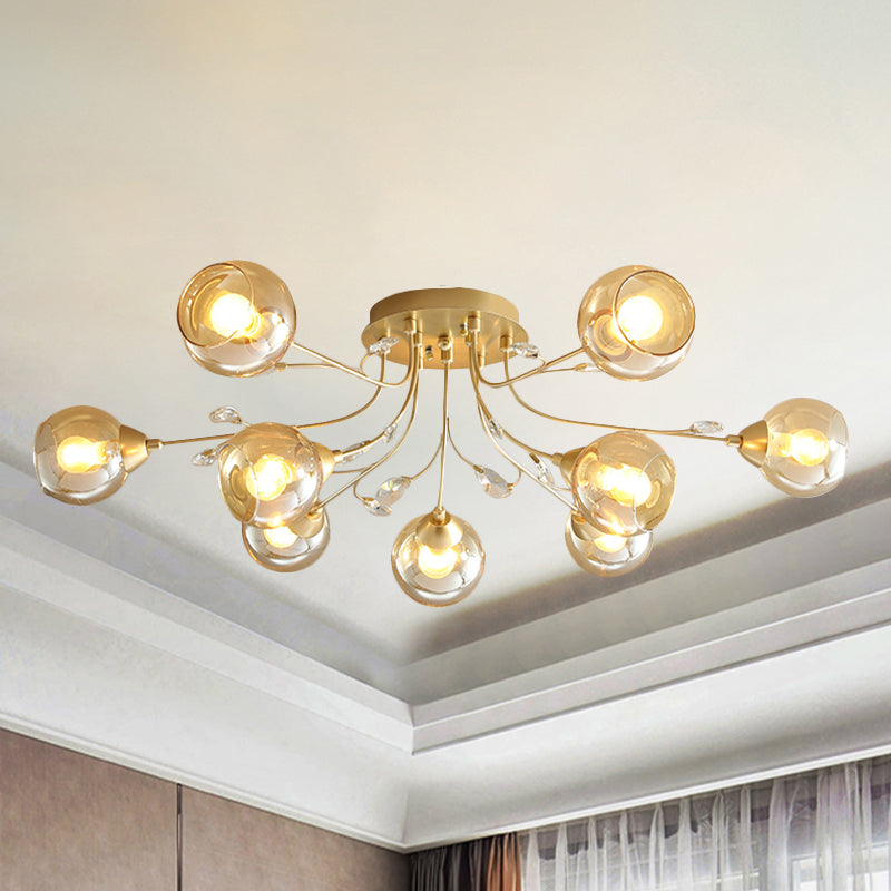 Amber Glass Ball Semi plafondspoeling Licht traditioneel 6/9-licht woonkamer spoeling licht armatuur met kristal accent