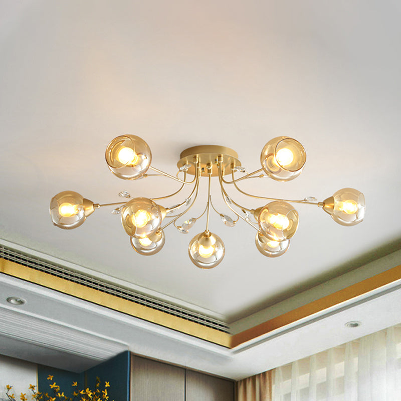 Amber Glass Ball Semi plafondspoeling Licht traditioneel 6/9-licht woonkamer spoeling licht armatuur met kristal accent