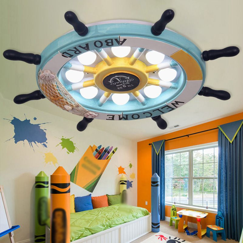 8-Kopf Jungen Schlafzimmer Flush Light Kid Blau/Weiß/Gelb LED Deckenleuchte mit Ruder Wood Shade, Pfingst/3 Farbe Licht