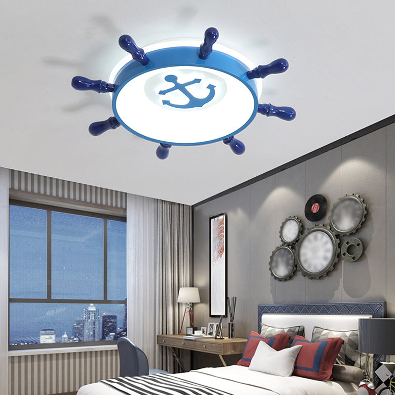 Kids LED Ceiling Flush Light Blue Rudder Flushmount Lighting with Acrylic Shade and Anchor Pattern