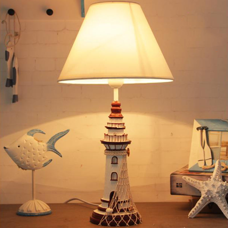 Red/Dark Blue Lighthouse Night Lamp Kids 1 Bulb Resin Table Light with Cone Fabric Shade and Remote Control/Dimmer Switch/Power Switch