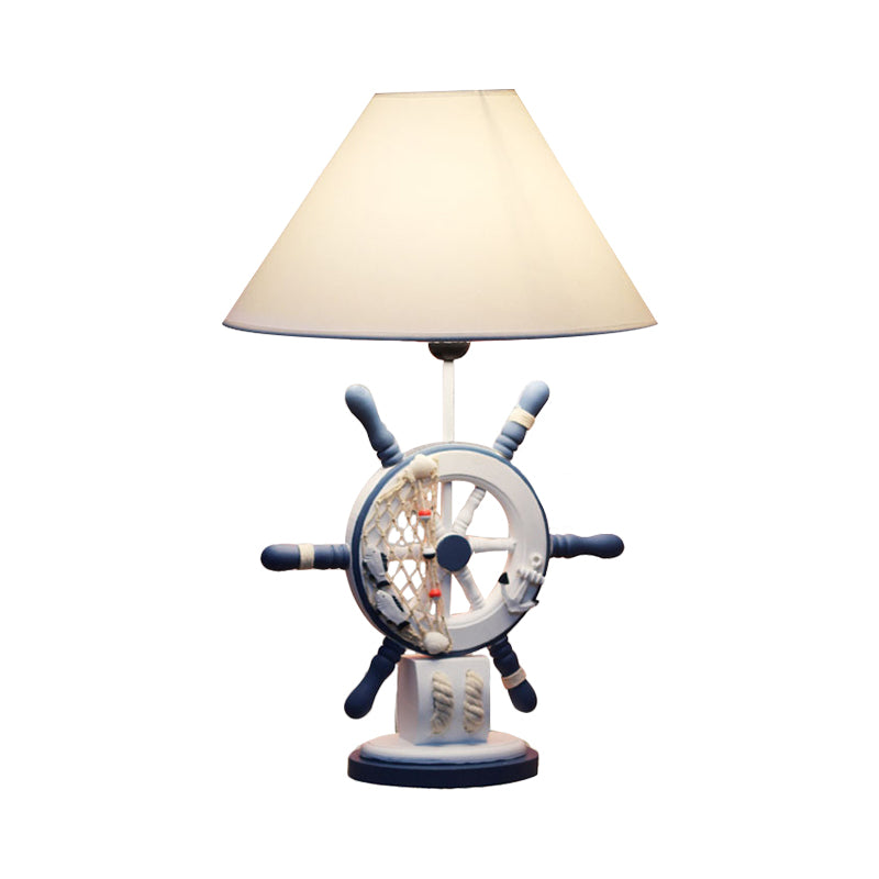 LifeBuoy / Rudder Wooden Table Light Kids Light Blue Blue Nightstand Lampe avec une teinte en tissu conique