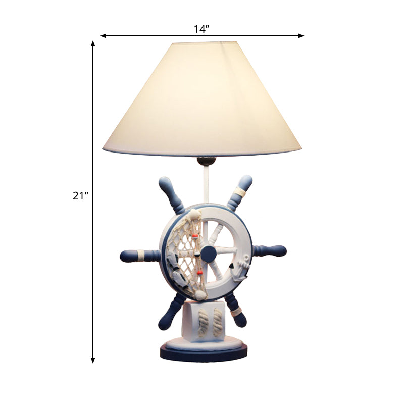 LifeBuoy / Rudder Wooden Table Light Kids Light Blue Blue Nightstand Lampe avec une teinte en tissu conique