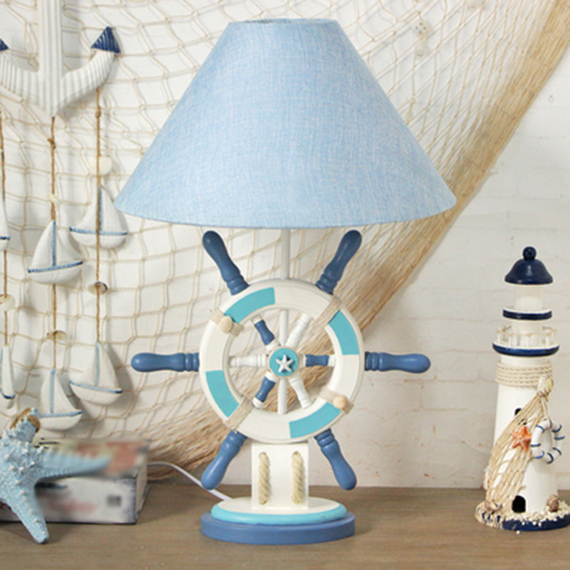 LifeBuoy / Rudder Wooden Table Light Kids Light Blue Blue Nightstand Lampe avec une teinte en tissu conique